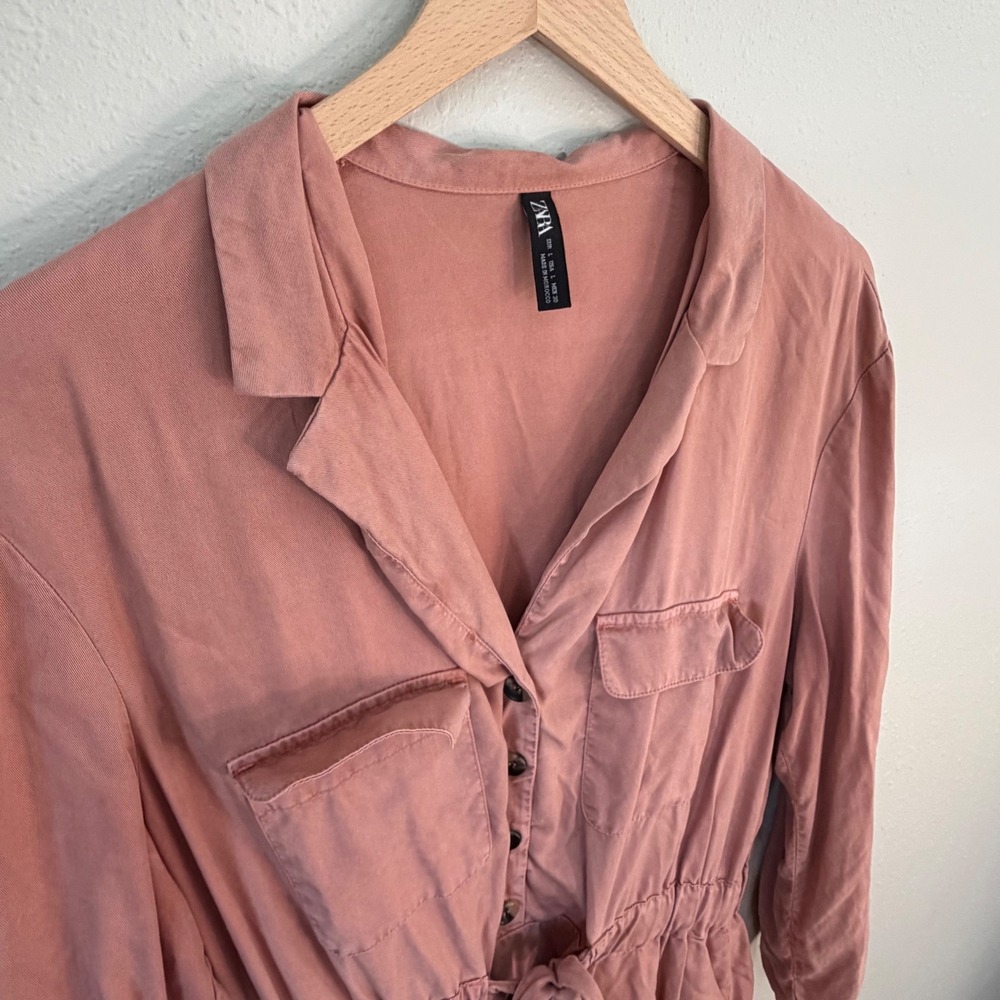 Zara Shirt Dress Womens Large Rose Pink Utility Tie Waist Safari Chic Pocketed - Picture 5 of 16